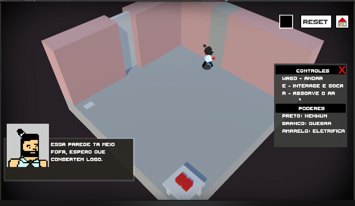 Brain Is A Muscle: 3D isometric perspective game screenshot showing a simple low-poly interior room with pale pink walls and darker floor. A 2D pixel art character with black tied-up hair wearing white shirt and dark pants stands in the center room. A small red and white object sits on a pedestal. Game UI in top right shows controls and power information. Bottom left shows dialogue box with bearded pixel sprite character saying 'THIS WALL IS KIND OF SOFT, I HOPE THEY FIX IT SOON.'