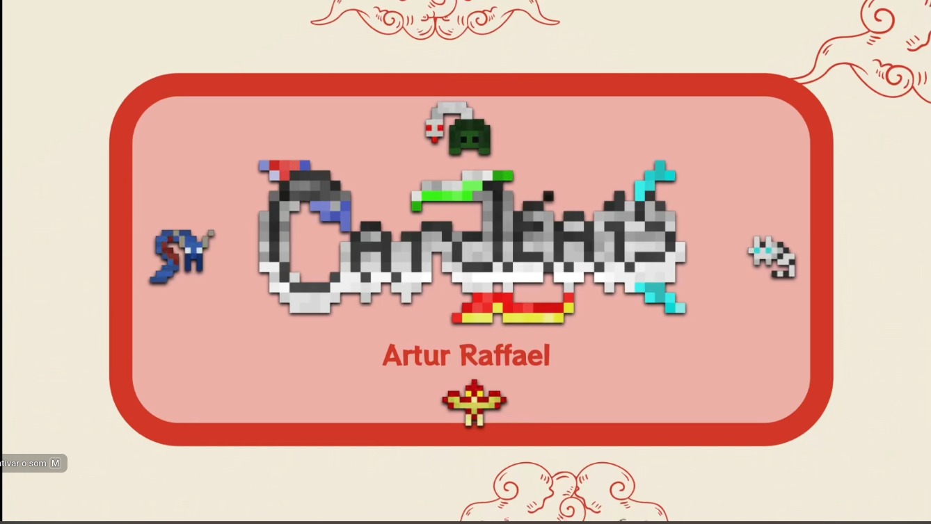 Cardeais Digital: Pixelated game title screen with Asian-inspired aesthetic in red, pale pink and cream tones. Features a large rounded rectangle with thick red border filled with pale pink. The word 'CARDEAIS' is written in large pixel art style with varied colored blocks (white, gray, blue, red, green, cyan) mixed together. Below it shows 'Artur Raffael' in red letters with a small yellow and red pixel art symbol beneath.