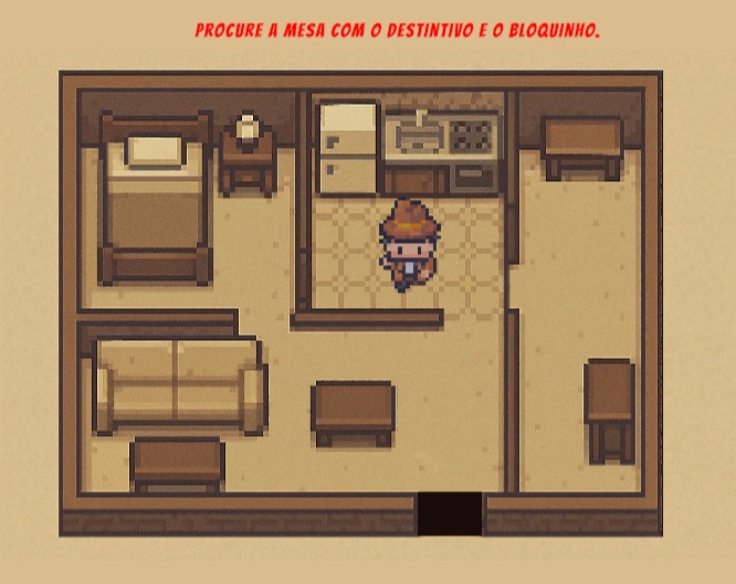 Detetive Castelo Branco: Top-down perspective pixel art detective game showing an apartment interior. The scene displays sand-colored tiled floor and brown walls with various furniture including a bed and nightstand in the sleeping area, sofa and center tables in the living room, and refrigerator and stove in the kitchen area. A detective character in pixel art wearing a brown hat and coat stands near the kitchen. At the top in red text reads the objective: 'SEARCH FOR THE TABLE WITH THE BADGE AND NOTEBOOK.'