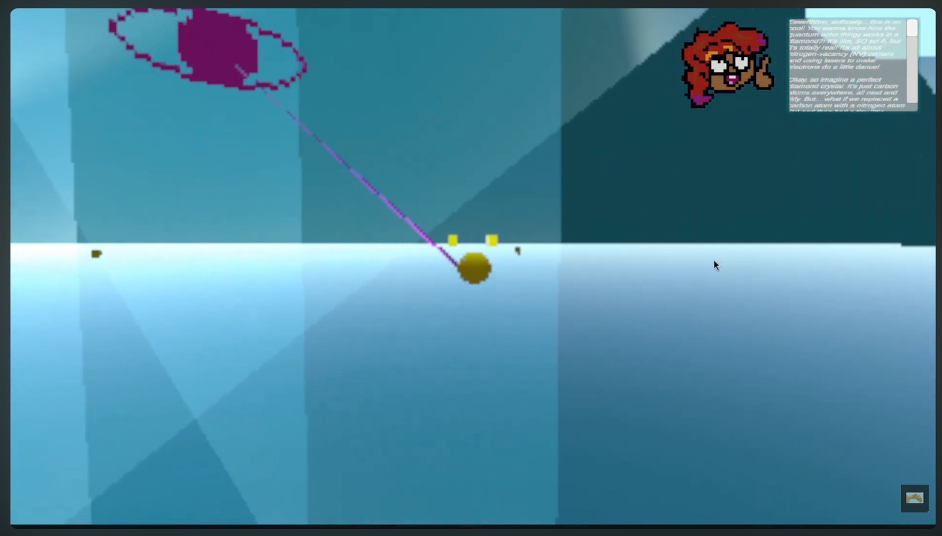 InsiDiamond: 3D simulation scene with light blue and cyan geometric planes creating depth. A small yellow sphere (atom) is pulled by a purple line connecting to a larger pixelated form at the top (possibly a force field or tool). In the top right corner, a 2D pixel art sprite of a character with red hair and glasses is visible with an illegible text block, suggesting this character is a narrator or tutorial guide in the game.