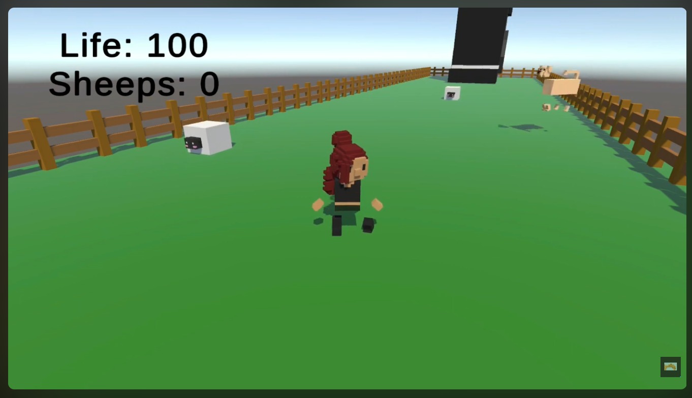 Tamtam Adventures: 3D low-poly game screenshot showing an open field with green grass and brown wooden fences delimiting the space. A female character with red hair tied up wears dark clothes and runs across the grass. Small cubic white and black objects resembling sheep are scattered in the field. Top left HUD displays 'Life: 100' and 'Sheeps: 0' statistics. A large black cubic block or obstacle rises in the background creating depth and challenge.