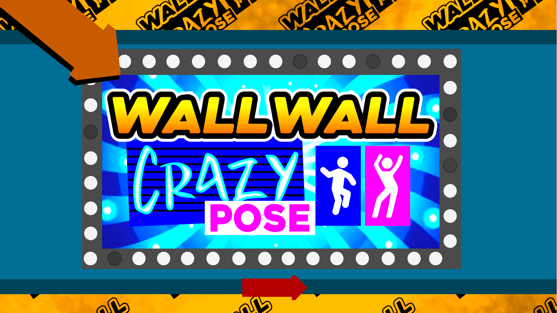 Wall Wall Crazy Pose: Vibrant game logo with neon blue text 'WALL WALL CRAZY POSE' on a stage-like background with bright circular lights. Two silhouettes of people in dynamic action poses are shown in blue and magenta, suggesting movement and dance. The background features strong blue and cyan rays of light creating an energetic atmosphere.